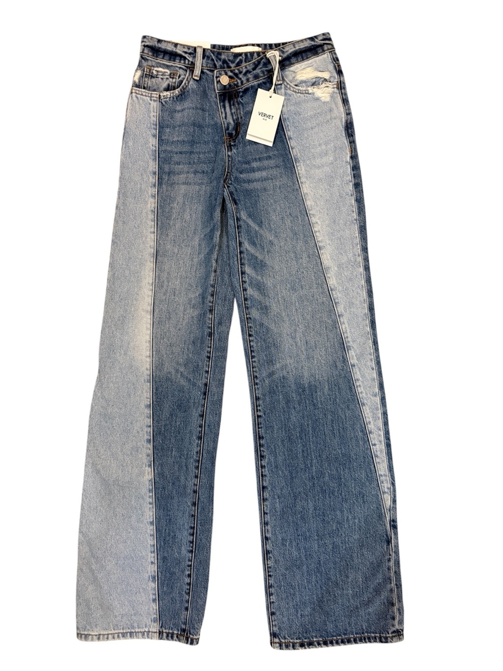 Patchwork Two-Tone Blue Wide-Leg Jeans by Vervet nwt